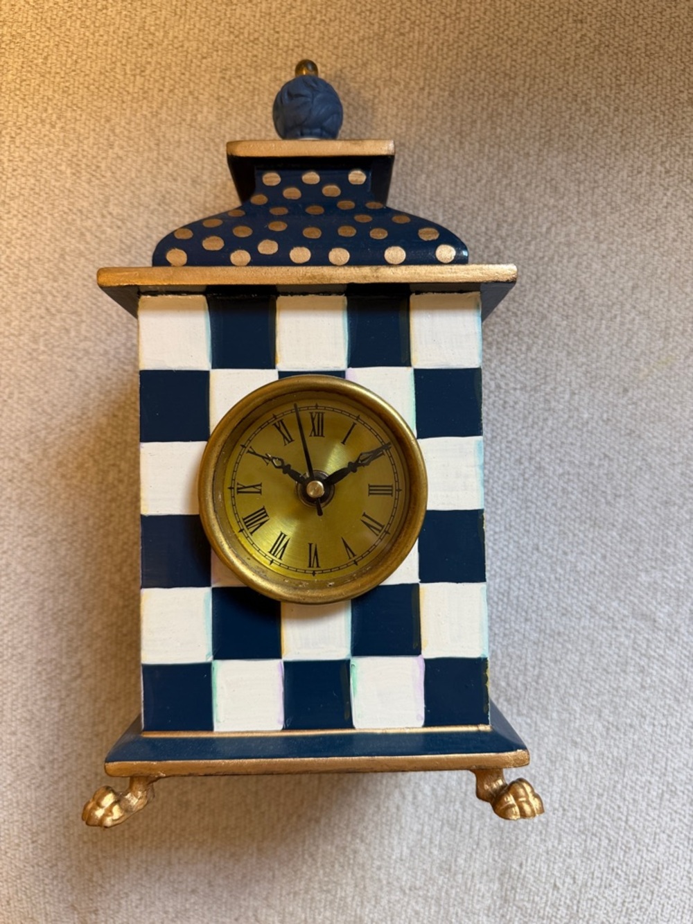 MacKenzie-Childs Navy and White Checkered Mantel Clock with Gold Accents
